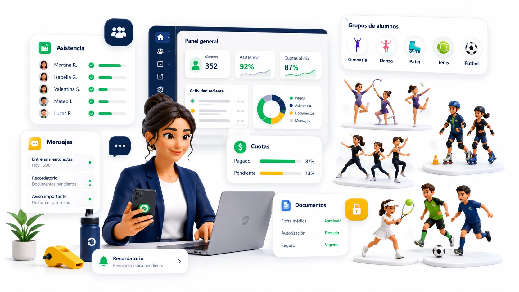 Ilustración de gestión deportiva con app, alumnos, pagos, asistencia y mensajes